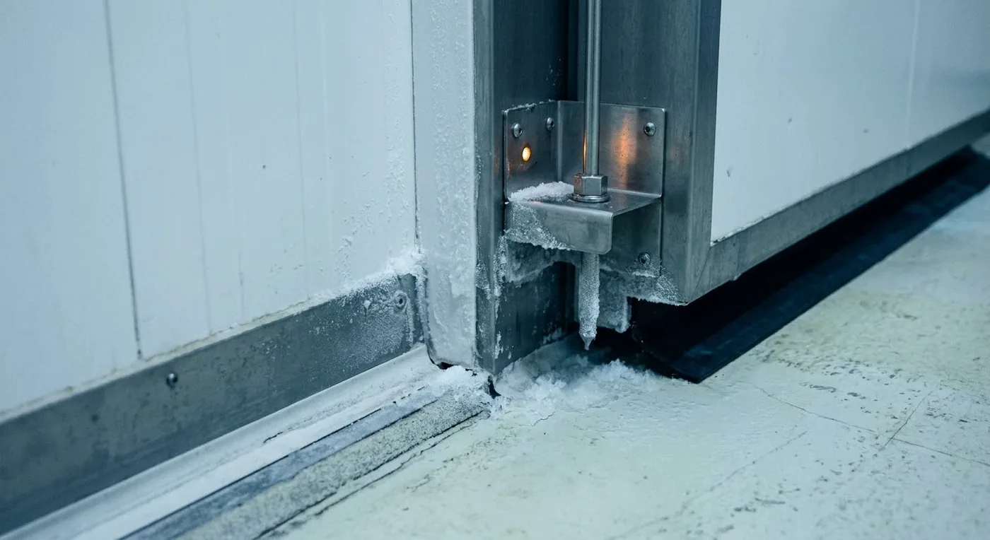 Close detail of a freezer wall meeting the floor: insulated panel, sealed resin slab, and a temperature probe on a stainless bracket.