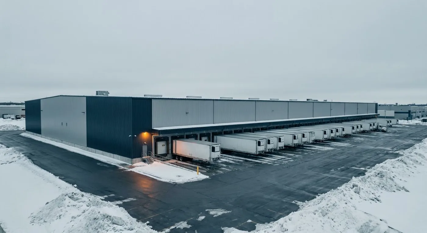 Refrigerated distribution facility in a Canadian industrial park, seen from the air.